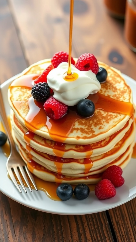 A delicious stack of fluffy pancakes with syrup and berries on a wooden table.